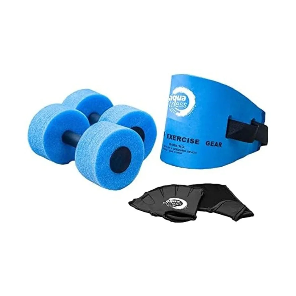 Aqua 6 Piece Fitness Set: Aquatic Swim Belt‎ Resistance Gloves Dumbbells Workout